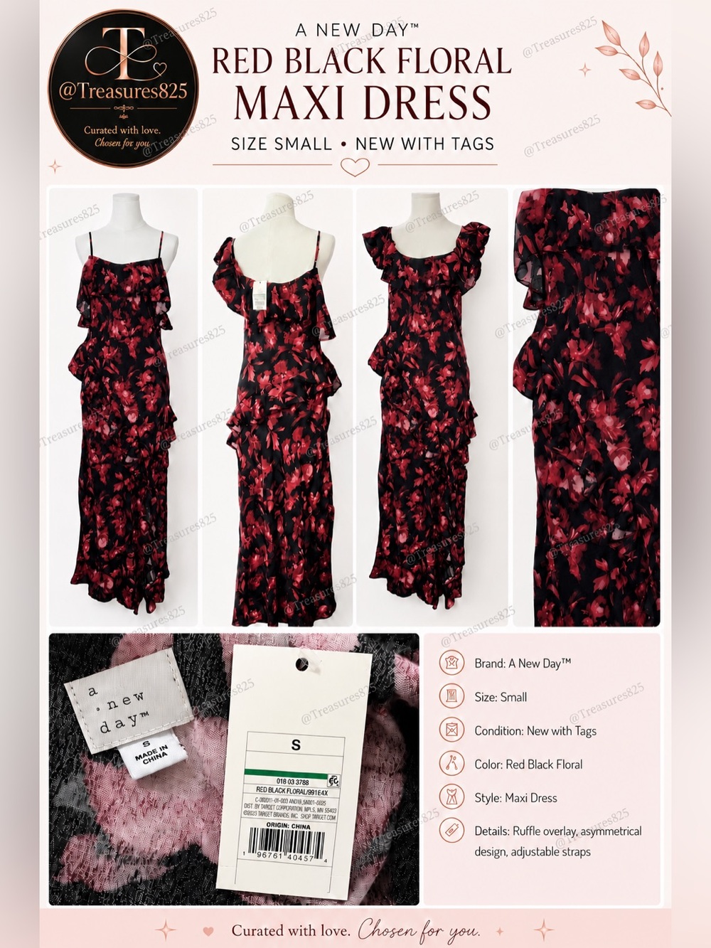a new day Black Maxi Dress with Red Floral Print and Ruffle Overlay